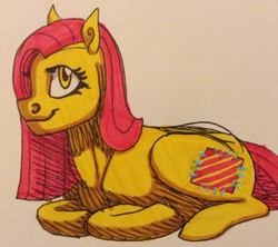 Size: 1280x1135 | Tagged: safe, artist:lorelei, patch (g1), earth pony, pony, g1, female, mare, prone, solo, traditional art