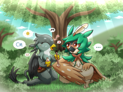 Size: 1500x1125 | Tagged: safe, artist:vavacung, gabby, decidueye, griffon, g4, blushing, chest fluff, cotton balls, crossover, female, male, pokémon