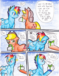 Size: 2552x3300 | Tagged: safe, artist:tristanjsolarez, applejack, rainbow dash, earth pony, pegasus, pony, comic:trans ponies, g4, butt, comic, duo, female, half r63 shipping, hoof hold, implied tex, male, mare, mouth hold, night, nudity, package, plot, present, rainbow blitz, rule 63, sheath, ship:appleblitz, ship:appledash, shipping, stallion, stars, straight, traditional art, transgender