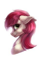 Size: 1133x1649 | Tagged: safe, artist:rrusha, roseluck, earth pony, pony, g4, bust, commissioner:doom9454, cute, female, floppy ears, fluffy, looking at you, mare, portrait, profile, simple background, smiling, solo, white background