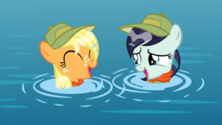 Size: 14872x8362 | Tagged: safe, artist:cyanlightning, applejack, coloratura, g4, the mane attraction, .svg available, absurd resolution, clothes, cute, filly, filly applejack, filly coloratura, hat, jackabetes, rarabetes, vector, water