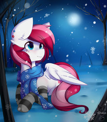 Size: 800x908 | Tagged: dead source, safe, artist:teranen, oc, oc only, pegasus, pony, clothes, colored pupils, ear piercing, forest, moon, piercing, scarf, snow, snowfall, socks, solo, stockings, striped socks, tree, winter