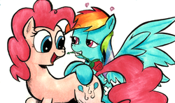 Size: 634x376 | Tagged: safe, artist:kittyhawk-contrail, pinkie pie, rainbow dash, g4, bedroom eyes, female, flower, flower in mouth, heart, lesbian, lidded eyes, mouth hold, rose, ship:pinkiedash, shipping