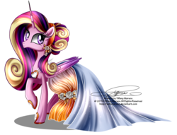Size: 1200x919 | Tagged: safe, artist:tiffanymarsou, princess cadance, g4, clothes, dress, female, folded wings, gala dress, simple background, smiling, solo, transparent background, watermark, wings