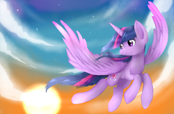 Size: 6400x4200 | Tagged: safe, artist:alice tam, artist:alicetam, twilight sparkle, alicorn, pony, g4, absurd resolution, female, flying, solo, spread wings, twilight sparkle (alicorn)