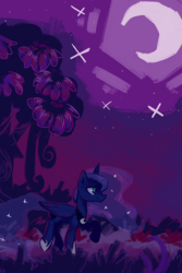 Size: 632x948 | Tagged: safe, artist:white-pilled, princess luna, g4, crescent moon, female, moon, night, raised hoof, solo, walking