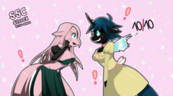 Size: 1599x890 | Tagged: safe, artist:traupa, queen chrysalis, oc, oc:fluffle puff, changeling, changeling queen, earth pony, anthro, g4, alternate hairstyle, anthro oc, bandeau, breasts, busty fluffle puff, canon x oc, clothes, dress, duo, female, lesbian, midriff, ship:chrysipuff, shipping, side slit, sudden style change