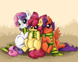 Size: 1500x1200 | Tagged: safe, artist:buttersprinkle, apple bloom, scootaloo, sweetie belle, g4, adorabloom, clothes, cute, cutealoo, cutie mark crusaders, diasweetes, scarf, shared clothing, shared scarf