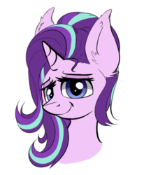 Size: 608x739 | Tagged: safe, artist:duop-qoub, starlight glimmer, g4, bust, ear fluff, female, looking at you, mare, portrait, sad, simple background, smiling, solo, white background