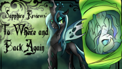 Size: 1024x576 | Tagged: safe, artist:animechristy, queen chrysalis, oc, oc:sapphire heart song, changeling, changeling queen, pegasus, pony, every little thing she does, g4, ppov, to where and back again, border, cocoon, female, review, text, title card