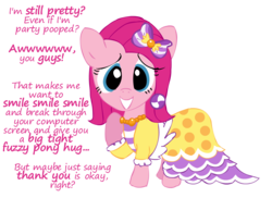 Size: 1528x1111 | Tagged: safe, artist:newportmuse, part of a set, pinkie pie, g4, alternate hairstyle, beautiful, breaking the fourth wall, bronybait, clothes, cute, dialogue, diapinkes, dress, everypony is beautiful, female, gala dress, looking at you, part of a series, pinkamena diane pie, raised hoof, simple background, smiling, solo, transparent background