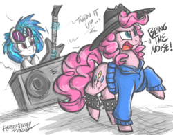 Size: 1200x935 | Tagged: safe, artist:flutterthrash, dj pon-3, pinkie pie, vinyl scratch, g4, anthrax, bring the noise, dialogue, electric guitar, guitar, musical instrument, public enemy, rapper pie, song reference