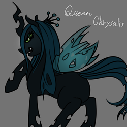 Size: 1000x1000 | Tagged: safe, artist:raika0306, queen chrysalis, changeling, changeling queen, g4, female, grin, looking back, raised hoof, simple background, smiling, solo