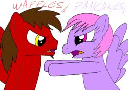 Size: 1080x761 | Tagged: safe, artist:toyminator900, oc, oc only, oc:chip, oc:melody notes, argument, duo, fight, food, melochip, open mouth, pancakes, simple background, transparent background, waffle