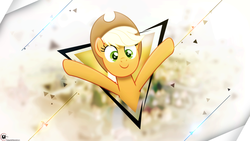 Size: 1920x1080 | Tagged: safe, artist:aethon056, artist:drakesparkle44, artist:hellswolfeh, applejack, earth pony, pony, g4, arms in the air, cute, female, hat, looking at you, mare, ponyville, signature, solo, triangle, vector, wallpaper