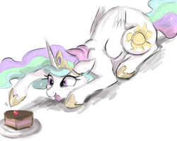 Size: 1500x1200 | Tagged: safe, artist:buttersprinkle, princess celestia, alicorn, pony, g4, :p, behaving like a cat, cake, cakelestia, catlestia, crown, cute, cutelestia, eyes on the prize, female, floppy ears, food, jewelry, plate, prone, regalia, sillestia, silly, silly pony, simple background, smiling, solo, tongue out, white background