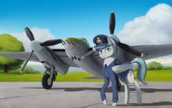 Size: 3000x1890 | Tagged: safe, artist:mrscroup, oc, oc only, bat pony, pony, bat pony oc, clothes, commission, de havilland mosquito, looking at you, plane, royal air force, scenery, smiling, solo, uniform, world war ii