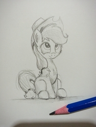 Size: 1920x2560 | Tagged: safe, artist:bugplayer, applejack, earth pony, pony, g4, 15 minute ponies, bugplayer is trying to murder us, cute, female, jackabetes, mare, pencil, pencil drawing, sitting, sketch, smiling, solo, traditional art