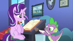 Size: 1100x618 | Tagged: safe, screencap, spike, starlight glimmer, trixie, pony, unicorn, every little thing she does, g4, sitting, starlight's room