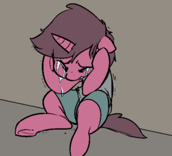 Size: 514x467 | Tagged: safe, artist:whydomenhavenipples, oc, oc only, oc:cherry blossom, pony, unicorn, northern excursion, clothes, colored, crying, eyes closed, female, open mouth, sitting, solo, underhoof