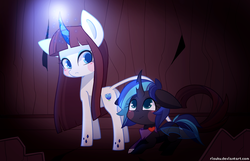 Size: 800x516 | Tagged: safe, artist:riouku, oc, oc only, changeling, pony, duo, female, glowing horn, horn, mare