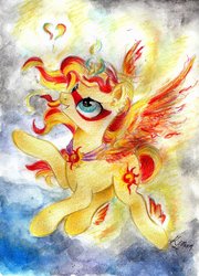 Size: 1024x1421 | Tagged: safe, artist:lailyren, sunset shimmer, pony, unicorn, equestria girls, daydream shimmer, female, fiery shimmer, fiery wings, fire, grin, magic, smiling, solo, sunset phoenix, traditional art, wings