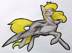 Size: 1024x761 | Tagged: safe, artist:oneiria-fylakas, derpy hooves, pegasus, pony, g4, female, large wings, mare, simple background, solo, traditional art