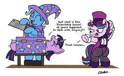Size: 2286x1413 | Tagged: safe, artist:bobthedalek, starlight glimmer, trixie, twilight sparkle, alicorn, pony, unicorn, g4, assistant, assistant's outfit, bipedal, box sawing trick, clothes, crosscut saw, dialogue, eyes closed, fishnet stockings, hat, jacket, magic show, open mouth, puns in the comments, saw, shoes, simple background, smiling, this will end in tears and/or death, top hat, trixie's cape, trixie's hat, twilight sparkle (alicorn), white background