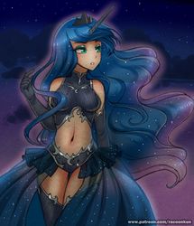 Size: 850x989 | Tagged: safe, artist:racoonsan, princess luna, human, g4, :o, adorasexy, belly button, breasts, clothes, colored, cute, evening gloves, eyeshadow, female, gloves, horn, horned humanization, humanized, lunabetes, makeup, midriff, miniskirt, open mouth, reasonably sized breasts, sexy, skirt, solo, stockings, traditional art