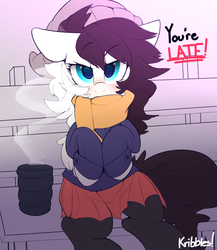 Size: 1976x2272 | Tagged: safe, artist:kribbles, oc, oc only, oc:kristic, pegasus, pony, annoyed, bench, blushing, clothes, cute, dialogue, food, hat, jacket, looking at you, ocbetes, pantyhose, pleated skirt, scarf, sitting, skirt, solo, steam, tea, tights