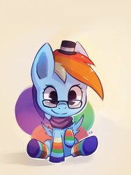 Size: 960x1280 | Tagged: safe, artist:flyingoats, rainbow dash, g4, chibi, clothes, cute, dashabetes, female, glasses, hat, hipster, rainbow socks, scarf, socks, solo, striped socks