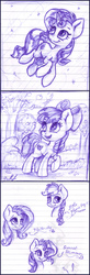 Size: 1176x3564 | Tagged: safe, artist:gaelledragons, apple bloom, fluttershy, sunset shimmer, oc, oc:little flame, pony, g4, cutie mark, female, filly, lined paper, looking away, monochrome, pen drawing, sketch, sketch dump, the cmc's cutie marks, traditional art