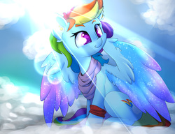 Size: 2600x2000 | Tagged: safe, artist:madacon, rainbow dash, pegasus, pony, g4, cloud, color porn, crepuscular rays, cute, dashabetes, female, high res, mare, sky, smiling, solo, sun