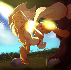 Size: 4000x3900 | Tagged: safe, artist:madacon, applejack, earth pony, pony, g4, anatomically incorrect, applejack's hat, bucking, cowboy hat, crepuscular rays, cute, female, freckles, grass, happy, hat, high res, jackabetes, kicking, lens flare, mare, newbie artist training grounds, open mouth, rock, solo, stetson, tree