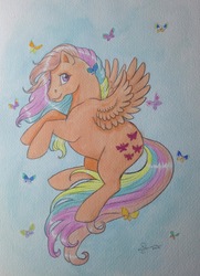Size: 2281x3153 | Tagged: dead source, safe, artist:whippetluvpony, flutterbye, g1, commission, female, high res, rainbow ponies, solo, traditional art
