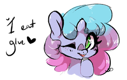 Size: 866x547 | Tagged: safe, artist:blastosunnydee, oc, oc only, oc:glitter glue, pony, unicorn, bust, cannibalism, cute, dialogue, freckles, heart, heart eyes, horn, looking at you, one eye closed, open mouth, present, raised hoof, simple background, smiling, solo, unicorn oc, white background, wingding eyes, wink