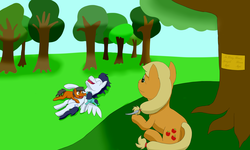 Size: 5000x3000 | Tagged: safe, artist:allonsbro, applejack, soarin', oc, earth pony, pegasus, pony, g4, applejack's parents, feather, high res, laughing, male, memorial, missing accessory, next generation, offspring, on back, parent:applejack, parent:soarin', parents:soarinjack, plaque, prone, ship:soarinjack, shipping, spread wings, straight