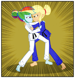 Size: 925x956 | Tagged: safe, artist:ponymaan, applejack, rainbow dash, comic:lyra-lyra's bizarre adventure, equestria girls, g4, angry, barefoot, black belt, clothes, comic, competition, feet, fight, gi, gritted teeth, hatless, judo, martial arts, missing accessory, pants, robe