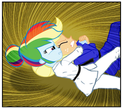 Size: 925x810 | Tagged: safe, artist:ponymaan, applejack, rainbow dash, comic:lyra-lyra's bizarre adventure, equestria girls, g4, barefoot, black belt, clothes, comic, competition, feet, fight, gi, gritted teeth, hatless, judo, martial arts, missing accessory, pain, pants, robe