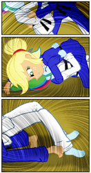 Size: 925x1756 | Tagged: safe, artist:ponymaan, applejack, rainbow dash, comic:lyra-lyra's bizarre adventure, equestria girls, g4, barefoot, black belt, clothes, comic, competition, feet, fight, gi, gritted teeth, hatless, judo, martial arts, missing accessory, pain, pants, robe, text