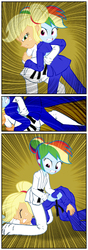 Size: 925x2624 | Tagged: safe, artist:ponymaan, applejack, rainbow dash, comic:lyra-lyra's bizarre adventure, equestria girls, g4, barefoot, black belt, clothes, comic, competition, eyes closed, feet, fight, gi, gritted teeth, hatless, judo, martial arts, missing accessory, pain, pants, robe