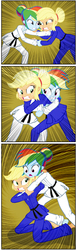 Size: 925x3002 | Tagged: safe, artist:ponymaan, applejack, rainbow dash, comic:lyra-lyra's bizarre adventure, equestria girls, g4, barefoot, black belt, clothes, comic, competition, feet, fight, gi, gritted teeth, hatless, judo, martial arts, missing accessory, pain, pants, robe