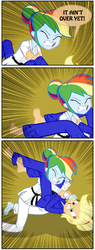 Size: 925x2438 | Tagged: safe, artist:ponymaan, applejack, rainbow dash, comic:lyra-lyra's bizarre adventure, equestria girls, g4, barefoot, black belt, clothes, comic, competition, feet, fight, gi, gritted teeth, hatless, judo, martial arts, missing accessory, pain, pants, robe, speech bubble