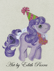 Size: 683x900 | Tagged: safe, artist:scoobylady, baby blossom, g1, bow, colored pencil drawing, female, hat, party hat, pencil drawing, solo, tail bow, traditional art