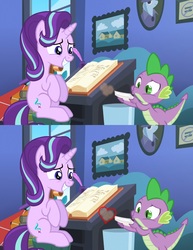 Size: 1500x1940 | Tagged: safe, edit, edited screencap, hundreds of users filter this tag, screencap, spike, starlight glimmer, pony, unicorn, every little thing she does, g4, blowing, dust, heart, hinting, male, ship:sparlight, shipping, smiling, starlight's room, straight