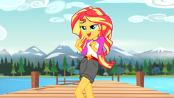 Size: 1920x1080 | Tagged: safe, screencap, sunset shimmer, equestria girls, g4, my little pony equestria girls: legend of everfree, clothes, embrace the magic, female, lake, lidded eyes, open mouth, shorts, singing, solo