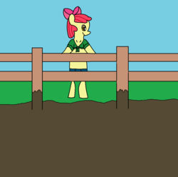 Size: 973x964 | Tagged: safe, artist:amateur-draw, apple bloom, earth pony, anthro, unguligrade anthro, g4, 1000 hours in ms paint, clothes, female, fence, ms paint, mud, pig pen, solo