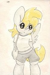 Size: 692x1049 | Tagged: safe, artist:slightlyshade, derpy hooves, semi-anthro, g4, bag, belly button, clothes, female, midriff, shirt, shorts, solo