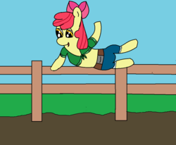 Size: 973x802 | Tagged: safe, artist:amateur-draw, apple bloom, earth pony, anthro, unguligrade anthro, g4, 1000 hours in ms paint, clothes, female, fence, jumping, ms paint, mud, pig pen, solo
