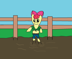 Size: 973x802 | Tagged: safe, artist:amateur-draw, apple bloom, earth pony, anthro, unguligrade anthro, g4, 1000 hours in ms paint, clothes, dirty hooves, female, fence, ms paint, mud, pig pen, solo